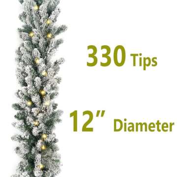 HomeKaren Christmas Garland 9 Ft by 12 Inch Prelit Fraser Fir Xmas Garland with 50 LED Lights, Real Like Lush and Classics Green Style for Indoor Outdoor Home Decoration (Brief-Flocked_Battery)