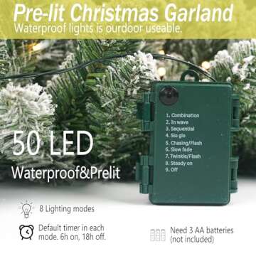 HomeKaren Christmas Garland 9 Ft by 12 Inch Prelit Fraser Fir Xmas Garland with 50 LED Lights, Real Like Lush and Classics Green Style for Indoor Outdoor Home Decoration (Brief-Flocked_Battery)