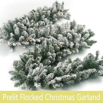 HomeKaren Christmas Garland 9 Ft by 12 Inch Prelit Fraser Fir Xmas Garland with 50 LED Lights, Real Like Lush and Classics Green Style for Indoor Outdoor Home Decoration (Brief-Flocked_Battery)