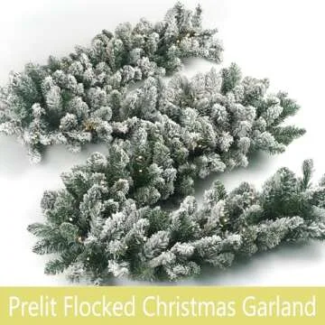 HomeKaren Christmas Garland 9 Ft by 12 Inch Prelit Fraser Fir Xmas Garland with 50 LED Lights, Real Like Lush and Classics Green Style for Indoor Outdoor Home Decoration (Brief-Flocked_Battery)
