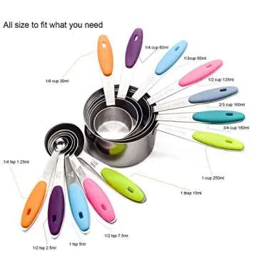 Measuring Cups and Spoons Set Stainless Steel of 12 for Dry and Liquid Ingredients Includes Metal 7 Cup and 5 Spoon with Magnetic Measurement Conversion Chart