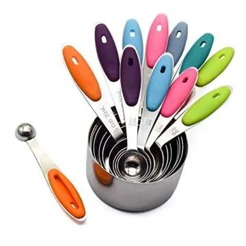 Measuring Cups and Spoons Set Stainless Steel of 12 for Dry and Liquid Ingredients Includes Metal 7 Cup and 5 Spoon with Magnetic Measurement Conversion Chart
