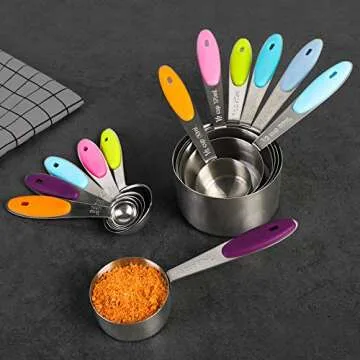 Measuring Cups and Spoons Set Stainless Steel of 12 for Dry and Liquid Ingredients Includes Metal 7 Cup and 5 Spoon with Magnetic Measurement Conversion Chart
