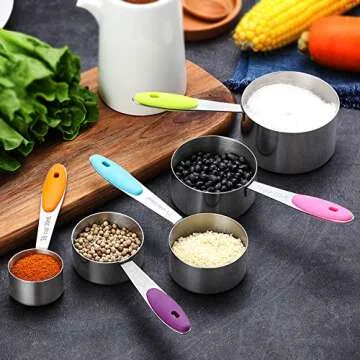 Measuring Cups and Spoons Set Stainless Steel of 12 for Dry and Liquid Ingredients Includes Metal 7 Cup and 5 Spoon with Magnetic Measurement Conversion Chart