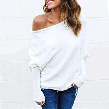 VOIANLIMO Women's Off Shoulder Knit Jumper Long Sleeve Pullover Baggy Solid Sweater