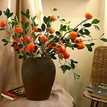 Firlar 4Pcs Artificial Orange Branch,34.3in Fake Flowers Imitation Orange Fruit Branch with Green Leaves Decorative,Lifelike Fake Fruit Props for Decorative Fruit Flower Arrangement Photography Props