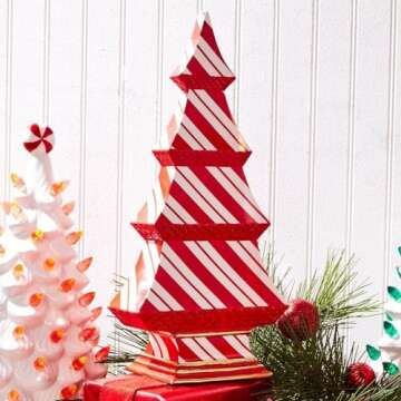 Two's Company Peppermint Twist Christmas Tree - Tiered Dolomite Decoration, Festive Candy Cane Design, Unique Holiday Decor, Red and White Indoor Christmas Tree, Seasonal Tabletop Ornament