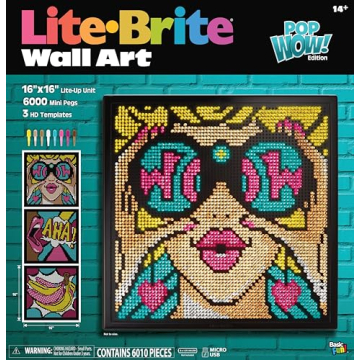 Lite Brite Wall Art POP Wow - 16" x 16" Screen, 6,000 Mini Pegs, 3 HD Designs, Great Gift for Ages 14+, DIY Activity Set for Teens and Adults, Dorm Room Wall Décor, Includes 1 Tablet