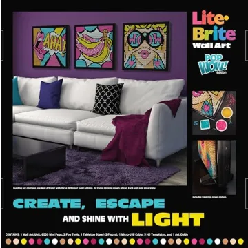 Lite Brite Wall Art POP Wow - 16" x 16" Screen, 6,000 Mini Pegs, 3 HD Designs, Great Gift for Ages 14+, DIY Activity Set for Teens and Adults, Dorm Room Wall Décor, Includes 1 Tablet