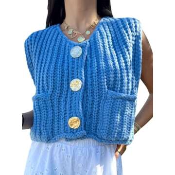 KEOMUD Women Sleeveless Crop Knit Cardigan Casual Cropped Button Down Open Front Sweater Vest with Pockets Lightblue Medium