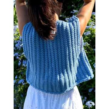 KEOMUD Women Sleeveless Crop Knit Cardigan Casual Cropped Button Down Open Front Sweater Vest with Pockets Lightblue Medium