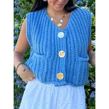 KEOMUD Women Sleeveless Crop Knit Cardigan Casual Cropped Button Down Open Front Sweater Vest with Pockets Lightblue Medium