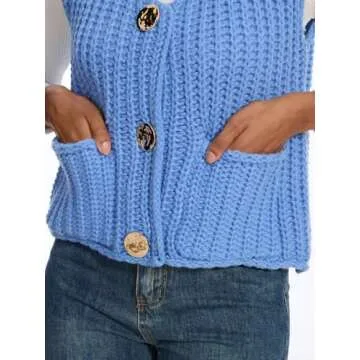 KEOMUD Women Sleeveless Crop Knit Cardigan Casual Cropped Button Down Open Front Sweater Vest with Pockets Lightblue Medium