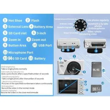 KVNTOOLS 4K Digital Camera with Flip Screen,Vlogging Camera,Cameras for Photography,48MP Auto-Focus Vlogging Camera for YouTube, 18X Digital Zoom/ 3" 180° Flip Screen/Anti Shake/Flash with 64G SD Card