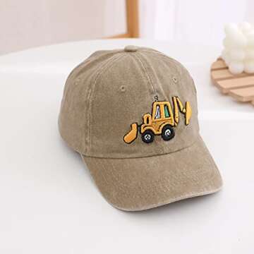 Cute Embroidery Excavator Kids Baseball Cap Adjustable Cotton Washed Vintage Cowboy Hat for Boys Girls Age 2-8 Khaki