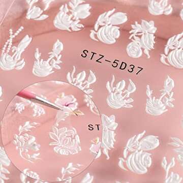 5D Embossed Nail Art Stickers, 6 Sheets Engraved Flowers Nail Decals Summer Nail Art Supplies Self A...