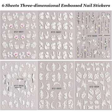 5D Embossed Nail Art Stickers, 6 Sheets Engraved Flowers Nail Decals Summer Nail Art Supplies Self Adhesive French Tip Nail Designs 5D Flower Nail Decals Butterfly Nail Stickers for Acrylic Nails