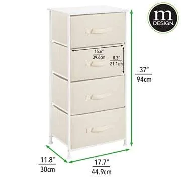 mDesign Tall Dresser Storage Tower Stand with 4 Removable Fabric Drawers - Steel Frame, Wood Top Organizer for Bedroom, Entryway, Closet - Jane Collection - Cream/White