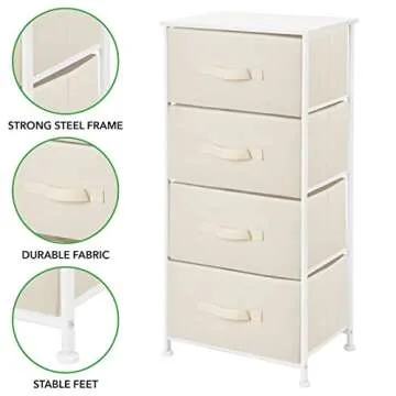 mDesign Tall Dresser Storage Tower Stand with 4 Removable Fabric Drawers - Steel Frame, Wood Top Organizer for Bedroom, Entryway, Closet - Jane Collection - Cream/White