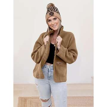 PRETTYGARDEN Women 2024 Fall Winter Fleece Jacket Long Sleeve Casual Button Fuzzy Sherpa Cropped Coats Outerwear with Pockets(Camel,Small)