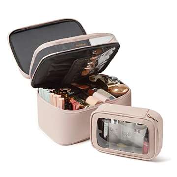 BAGSMART Large Makeup Bag, Cosmetic Travel Bag for Women,Makeup Case Plus a TSA Approved Transparent Clear Toiletry Bag,Portable Artist Storage Bag,Double Makeup Bag,Cosmetic Organizer,Leather,Pink
