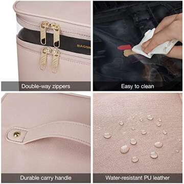 BAGSMART Large Makeup Bag, Cosmetic Travel Bag for Women,Makeup Case Plus a TSA Approved Transparent Clear Toiletry Bag,Portable Artist Storage Bag,Double Makeup Bag,Cosmetic Organizer,Leather,Pink