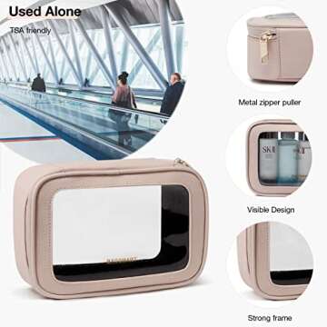 BAGSMART Large Makeup Bag, Cosmetic Travel Bag for Women,Makeup Case Plus a TSA Approved Transparent Clear Toiletry Bag,Portable Artist Storage Bag,Double Makeup Bag,Cosmetic Organizer,Leather,Pink