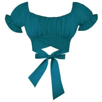 COOUFE Women's Crop Tops Ruffle Short Sleeve Tie Back Summer Off Shoulder Top Blouse Teal Blue S