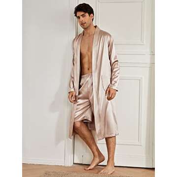 SOLY HUX Men's Long Sleeve Silk Sleepwear Satin Kimono Robe with Shorts Pajamas Set Apricot S