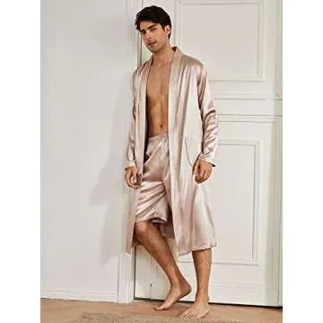 SOLY HUX Men's Long Sleeve Silk Sleepwear Satin Kimono Robe with Shorts Pajamas Set Apricot S