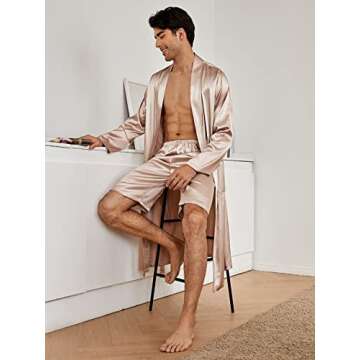SOLY HUX Men's Long Sleeve Silk Sleepwear Satin Kimono Robe with Shorts Pajamas Set Apricot S