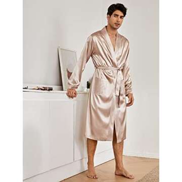 SOLY HUX Men's Long Sleeve Silk Sleepwear Satin Kimono Robe with Shorts Pajamas Set Apricot S