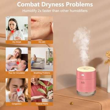 Mini Humidifiers for Bedroom 350ml Small Portable Humidifier for Travel Plants Humidifier, Auto Shut...