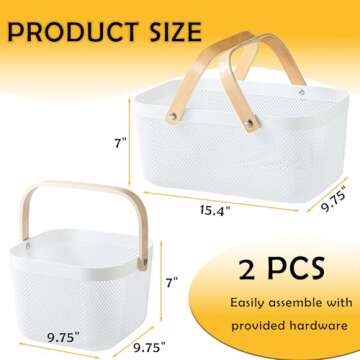 Nexboraque 2 Pack Plastic Mesh Garden Harvest Basket, Plastic Picnic Baskets with Foldable Wooden Ha...