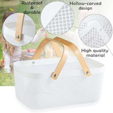 Nexboraque 2 Pack Plastic Mesh Garden Harvest Basket, Plastic Picnic Baskets with Foldable Wooden Handle, Rectangle Fruit Vegetable Storage Organizer Bins for Gathering, Kitchen, Pantry, White