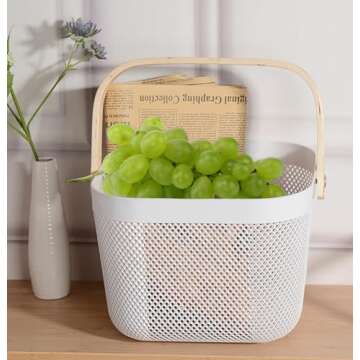 Nexboraque 2 Pack Plastic Mesh Garden Harvest Basket, Plastic Picnic Baskets with Foldable Wooden Handle, Rectangle Fruit Vegetable Storage Organizer Bins for Gathering, Kitchen, Pantry, White