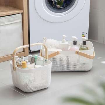 Nexboraque 2 Pack Plastic Mesh Garden Harvest Basket, Plastic Picnic Baskets with Foldable Wooden Handle, Rectangle Fruit Vegetable Storage Organizer Bins for Gathering, Kitchen, Pantry, White