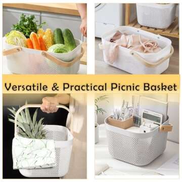 Nexboraque 2 Pack Plastic Mesh Garden Harvest Basket, Plastic Picnic Baskets with Foldable Wooden Handle, Rectangle Fruit Vegetable Storage Organizer Bins for Gathering, Kitchen, Pantry, White