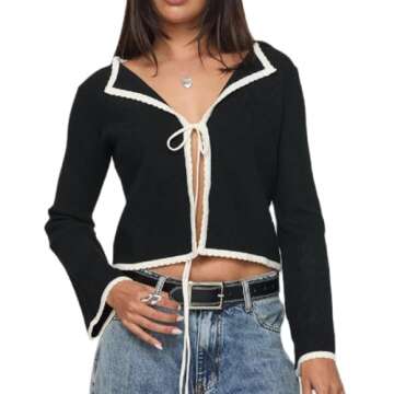 Women Y2k Tie Front Cardigan Long Sleeve Crew Neck Lightweight Shrug Sweater Knitted Bow Knot Trendy...