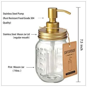 Amolliar Mason Jar Liquid Soap Dispenser -Rustproof Stainless Steel Farmhouse Decor for Bathroom Vanities,Kitchen Sink/ Liquid Soap Pumps for Hand Soap,Dish Soap,Lotions/Golden -2 Pack