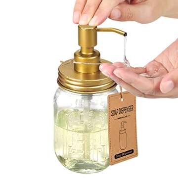 Amolliar Mason Jar Liquid Soap Dispenser -Rustproof Stainless Steel Farmhouse Decor for Bathroom Vanities,Kitchen Sink/ Liquid Soap Pumps for Hand Soap,Dish Soap,Lotions/Golden -2 Pack
