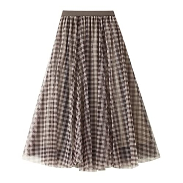 Dirholl Women's A-Line Fairy Skirt - Stylish Midi Skirt in Khaki Plaid