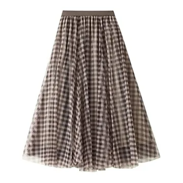 Dirholl Women's A-Line Fairy Skirt - Stylish Midi Skirt in Khaki Plaid