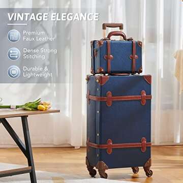 CO-Z Vintage Luggage Sets, 2 Piece Retro Suitcase with Spinner Wheels TSA Lock, Large 24" Trunk Small 12" Train Case Leather Travel Luggage Set for Women Men, Dark Blue