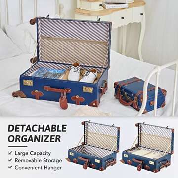 CO-Z Vintage Luggage Sets, 2 Piece Retro Suitcase with Spinner Wheels TSA Lock, Large 24" Trunk Small 12" Train Case Leather Travel Luggage Set for Women Men, Dark Blue