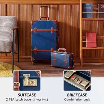 CO-Z Vintage Luggage Sets, 2 Piece Retro Suitcase with Spinner Wheels TSA Lock, Large 24" Trunk Small 12" Train Case Leather Travel Luggage Set for Women Men, Dark Blue