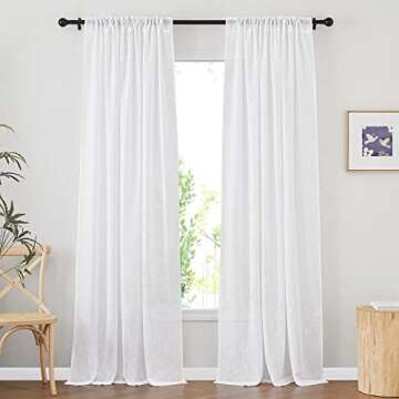 NICETOWN White Sheer Linen Curtains for Living Room, Rod Pocket & Back Tab Sweep to Floor Window Tre...