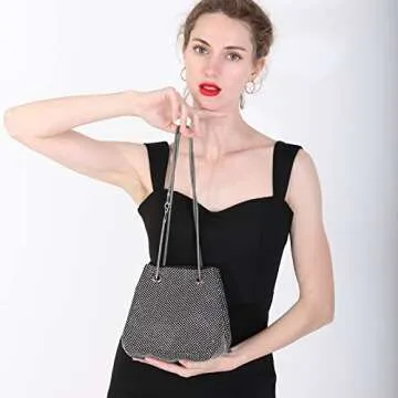 Women's Black Evening Bag- Medium Size Full Rhinestones Bucket Bling Crossbody Bag Shoulder Bag Handbag for Party Wedding Date Night