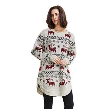 Shineflow Women's Reindeer Snowflake Midi Christmas Pullover Sweater Jumper (M, Beige)