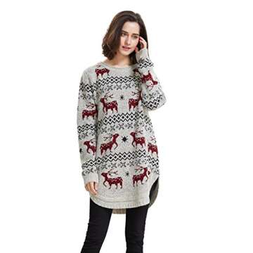 Shineflow Women's Reindeer Snowflake Midi Christmas Pullover Sweater Jumper (M, Beige)